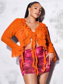 SHEIN BAE Plus Ruffle Trim Flare Sleeve Knot Front Crop Blouse - Orange - View 5