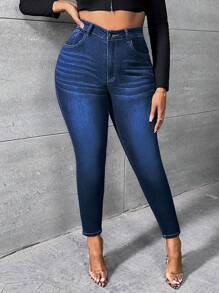 SHEIN SXY Hơn Chất rắn Quần jean ôm - Rửa tối - Xem 1