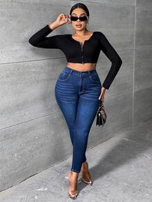 SHEIN SXY Hơn Chất rắn Quần jean ôm - Rửa tối - Xem 2