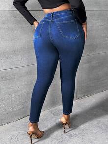 SHEIN SXY Hơn Chất rắn Quần jean ôm - Rửa tối - Xem 3