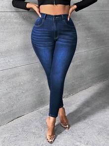 SHEIN SXY Hơn Chất rắn Quần jean ôm - Rửa tối - Xem 4