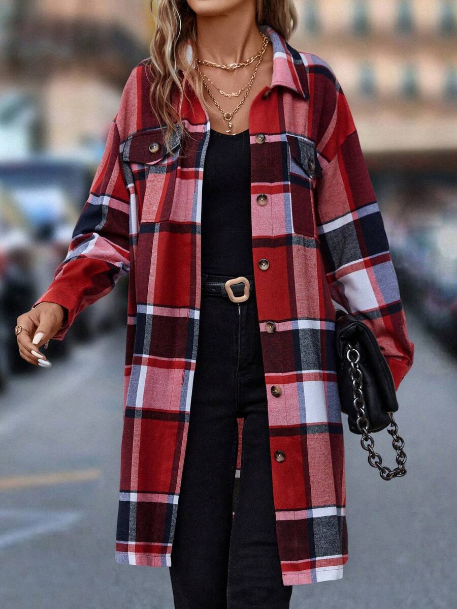 SHEIN LUNE Manteau ample à imprimé écossais avec poches rabattues sans ceinture pour l'automne/l'hiver