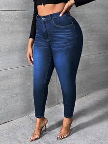 SHEIN SXY Hơn Chất rắn Quần jean ôm - Rửa tối - Xem 5