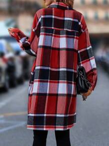 SHEIN LUNE Manteau ample à imprimé écossais avec poches rabattues sans ceinture pour l'automne/l'hiver