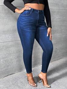 SHEIN SXY Hơn Chất rắn Quần jean ôm - Rửa tối - Xem 6
