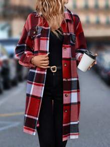 SHEIN LUNE Manteau ample à imprimé écossais avec poches rabattues sans ceinture pour l'automne/l'hiver