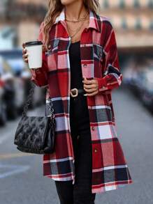 SHEIN LUNE Manteau ample à imprimé écossais avec poches rabattues sans ceinture pour l'automne/l'hiver