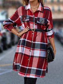 SHEIN LUNE Manteau ample à imprimé écossais avec poches rabattues sans ceinture pour l'automne/l'hiver