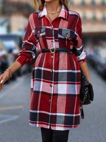 SHEIN LUNE Manteau ample à imprimé écossais avec poches rabattues sans ceinture pour l'automne/l'hiver