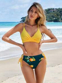 SHEIN Swim Lemon Print Wrap Tie Side Bikini Set For Summer Beach - Multicolor - View 1