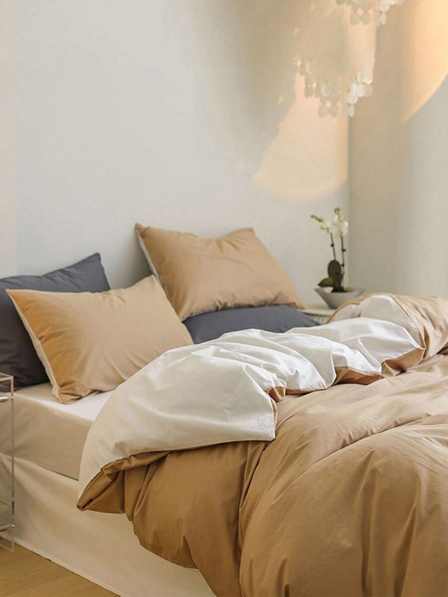 3pcs White And Yellow Brushed Bedding Set, Including 1 Duvet Cover And 2 Pillowcases - White - View 1