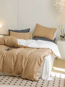 3pcs White And Yellow Brushed Bedding Set, Including 1 Duvet Cover And 2 Pillowcases - White - View 3