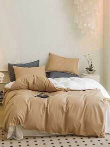 3pcs White And Yellow Brushed Bedding Set, Including 1 Duvet Cover And 2 Pillowcases - White - View 4
