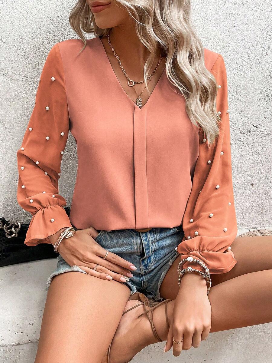 SHEIN Clasi 網紗拼接珍珠串珠荷葉袖V領襯衫 - 粉色 - 查看 1