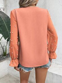 SHEIN Clasi 網紗拼接珍珠串珠荷葉袖V領襯衫 - 粉色 - 查看 2