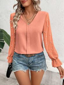 SHEIN Clasi 網紗拼接珍珠串珠荷葉袖V領襯衫 - 粉色 - 查看 3