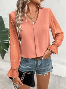 SHEIN Clasi 網紗拼接珍珠串珠荷葉袖V領襯衫 - 粉色 - 查看 4