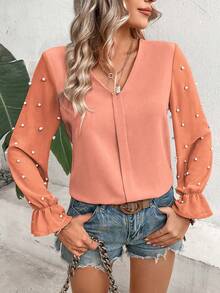 SHEIN Clasi 網紗拼接珍珠串珠荷葉袖V領襯衫 - 粉色 - 查看 5