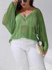 SHEIN LUNE 加大落肩镂空针织毛衣（不含胸罩） - 綠色 - 查看 4