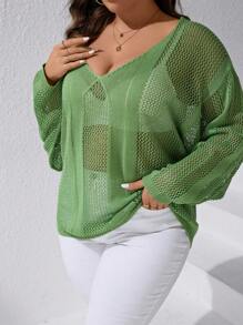 SHEIN LUNE 加大落肩镂空针织毛衣（不含胸罩） - 綠色 - 查看 5