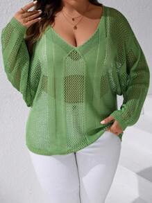 SHEIN LUNE 加大落肩镂空针织毛衣（不含胸罩） - 綠色 - 查看 6