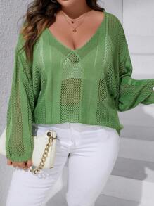 SHEIN LUNE 加大落肩镂空针织毛衣（不含胸罩） - 綠色 - 查看 7