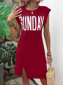 SHEIN LUNE Letter Graphic Split Hem Dress - Red - View 1