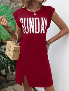 SHEIN LUNE Letter Graphic Split Hem Dress - Red - View 3