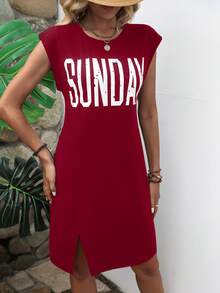 SHEIN LUNE Letter Graphic Split Hem Dress - Red - View 5