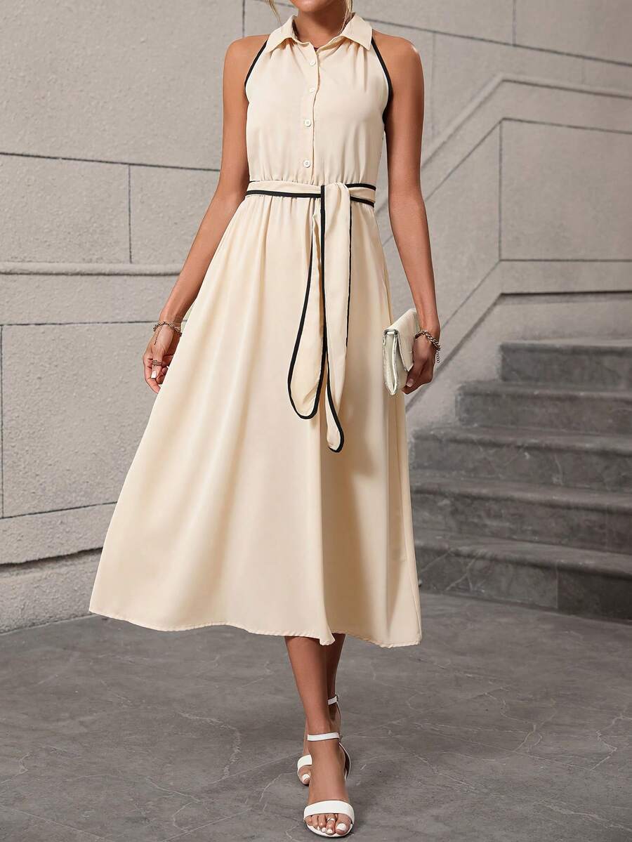 SHEIN Clasi Contrast Binding Belted Shirt Dress - Apricot - View 1