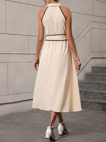SHEIN Clasi Contrast Binding Belted Shirt Dress - Apricot - View 2