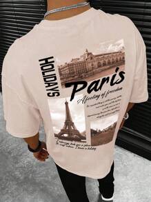 Manfinity Hypemode Camiseta de manga corta holgada con estampado de torre y eslogan, informal, regalo para novio - Albaricoque - Ver 1