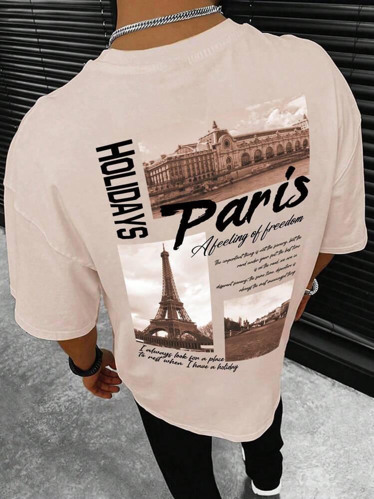 Manfinity Hypemode Loose Men Tower & Slogan Printed Short Sleeve T-Shirt, Casual, Boyfriend Gift - Apricot - View 1