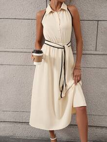 SHEIN Clasi Contrast Binding Belted Shirt Dress - Apricot - View 3