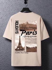 Manfinity Hypemode Camiseta de manga corta holgada con estampado de torre y eslogan, informal, regalo para novio - Albaricoque - Ver 2