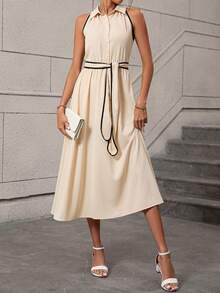SHEIN Clasi Contrast Binding Belted Shirt Dress - Apricot - View 5