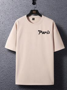 Manfinity Hypemode Camiseta de manga corta holgada con estampado de torre y eslogan, informal, regalo para novio - Albaricoque - Ver 4