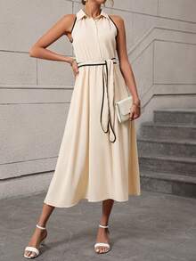 SHEIN Clasi Contrast Binding Belted Shirt Dress - Apricot - View 6