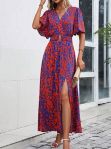 SHEIN Clasi In Toàn bộ áo tay bướm Tách đùi Đầm - Nhiều màu - Xem 1