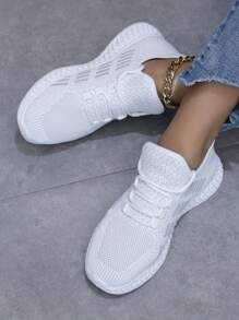 女式白色前繫帶運動鞋，圓頭日常跑步鞋 - 白色 - 查看 2