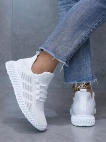 女式白色前繫帶運動鞋，圓頭日常跑步鞋 - 白色 - 查看 3