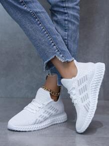女式白色前繫帶運動鞋，圓頭日常跑步鞋 - 白色 - 查看 4