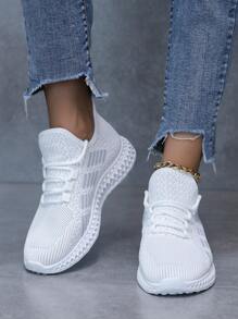 女式白色前繫帶運動鞋，圓頭日常跑步鞋 - 白色 - 查看 5