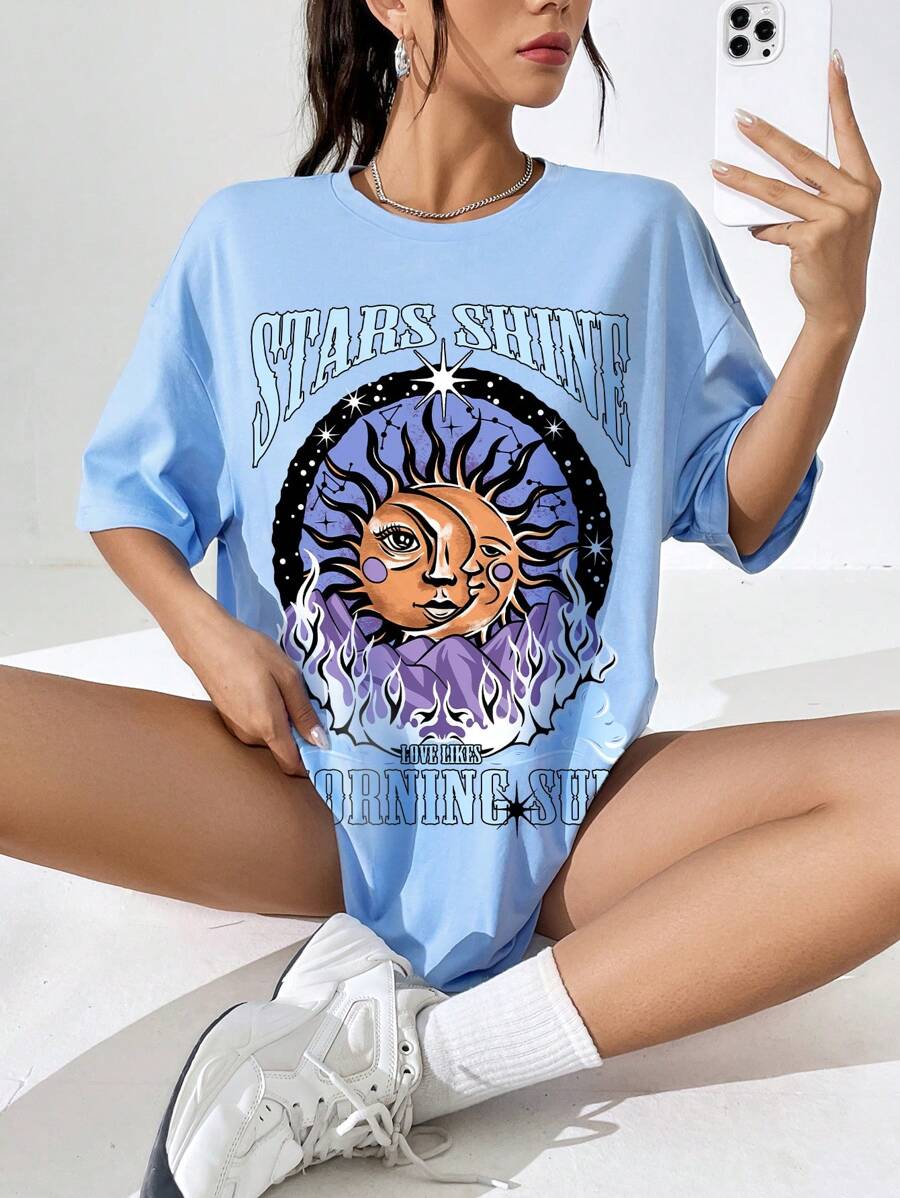 SHEIN EZwear Áo phông Quá khổ mặt trời & Đồ họa Chữ cái Thả vai - Màu xanh nhạt - Xem 1