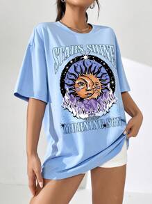 SHEIN EZwear Áo phông Quá khổ mặt trời & Đồ họa Chữ cái Thả vai - Màu xanh nhạt - Xem 3