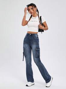 SHEIN EZwear 側翻蓋口袋牛仔喇叭褲