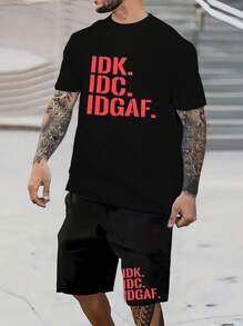 Manfinity Homme Men Slogan Graphic Tee & Shorts - Black - View 1