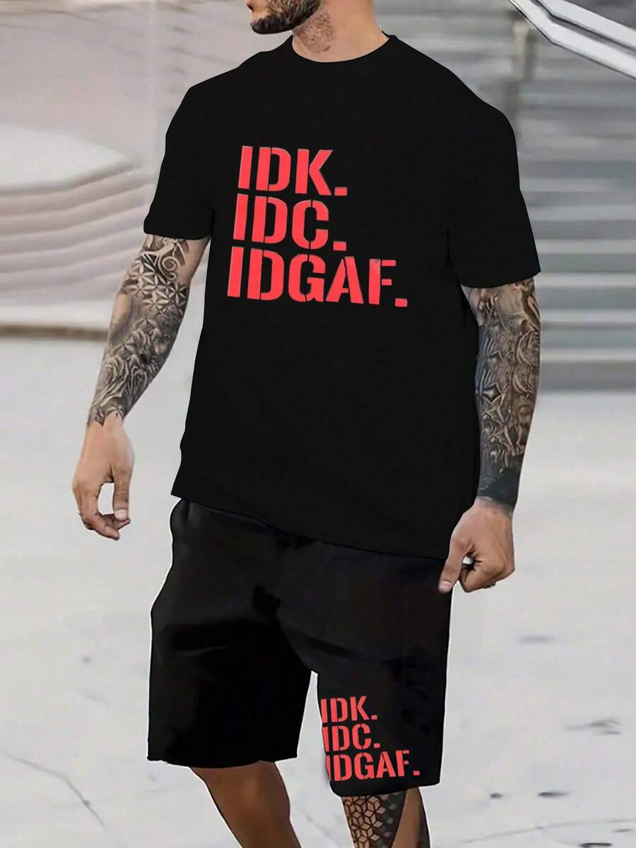 Manfinity Homme Men Slogan Graphic Tee & Shorts - Black - View 1