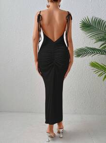 Zolique Đầm Maxi hở vai xếp ly hở lưng cho nữ - màu đen - Xem 5