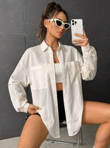 SHEIN EZwear Drop Shoulder Pocket Patched Button Front Shirt - Beige - View 1